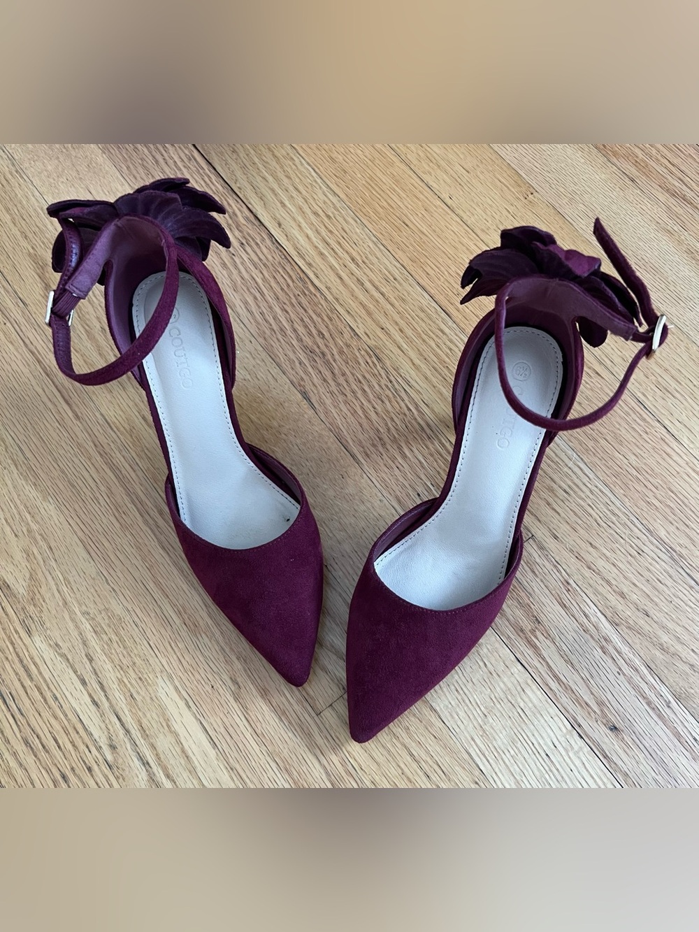 Coutgo Wine Suede Pointed-Toe Ankle-Strap Close Toe Heels with Petal Accent